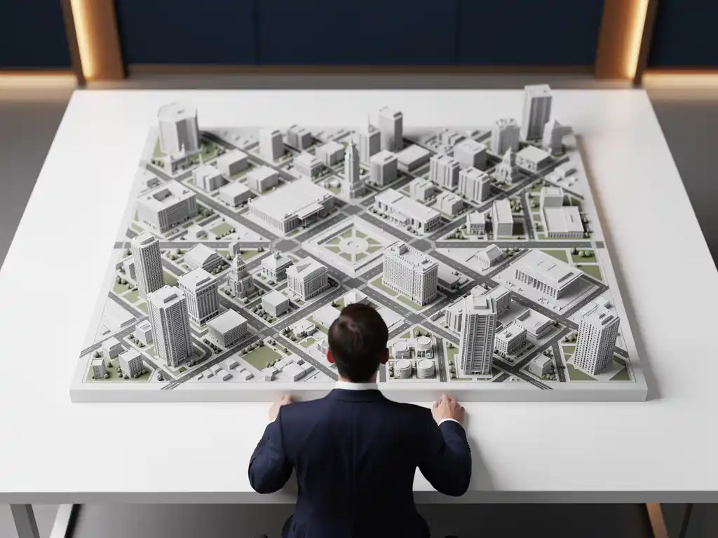 Regeringsfunctionaris in formeel pak navigeert door gedetailleerd miniatuurstadsmodel met gebouwen en wegen op witte tafel.