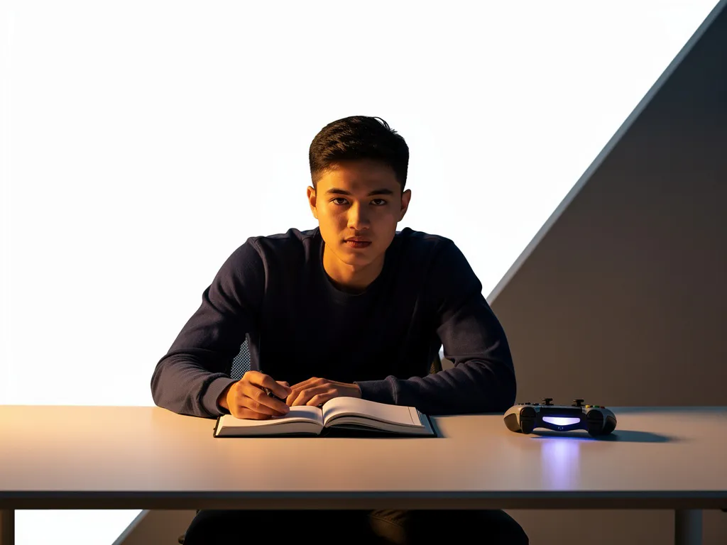 Student leant voorover aan minimalistische bureau met gloeiende gamecontroller en open notitieboek, warme amber en donkerblauwe tinten.