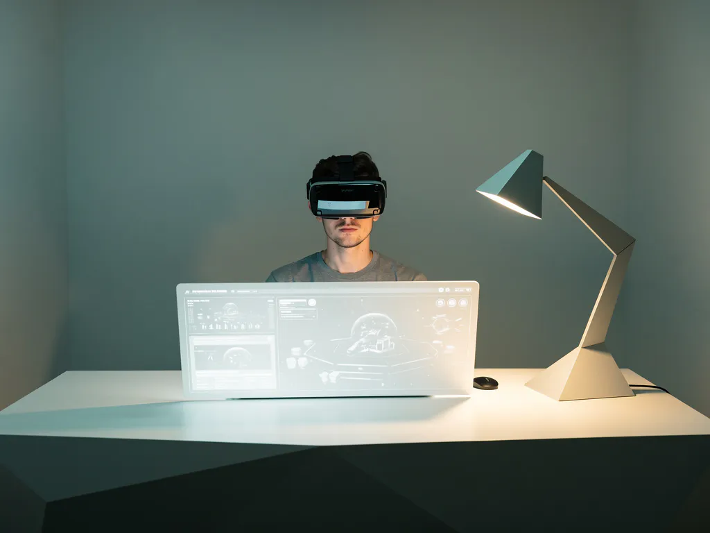 Student met headset aan simulatie-interface in minimalistisch trainingslaboratorium, verlicht door warme bureaulamp in teal en amber tinten.