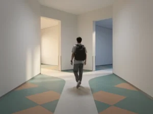Student op een kruispunt in een minimalistische gang, één pad warm verlicht en het andere in koele schaduw, geometrische tegels in teal en zandtinten.