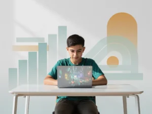 Student aan modern bureau speelt educatief spel op laptop, omgeven door geometrische vormen in teal en amber tinten.