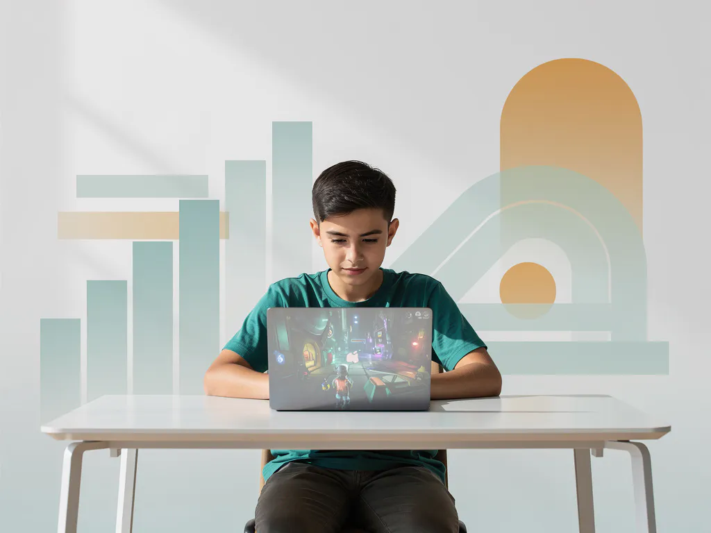 Student aan modern bureau speelt educatief spel op laptop, omgeven door geometrische vormen in teal en amber tinten.