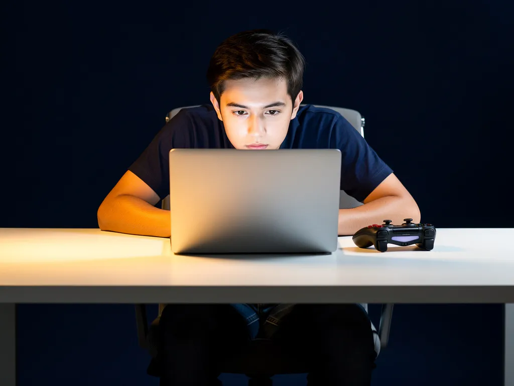 Student leunt geconcentreerd naar een laptop met een gamecontroller op een minimalistische werkplek in warm amberkleurig licht.