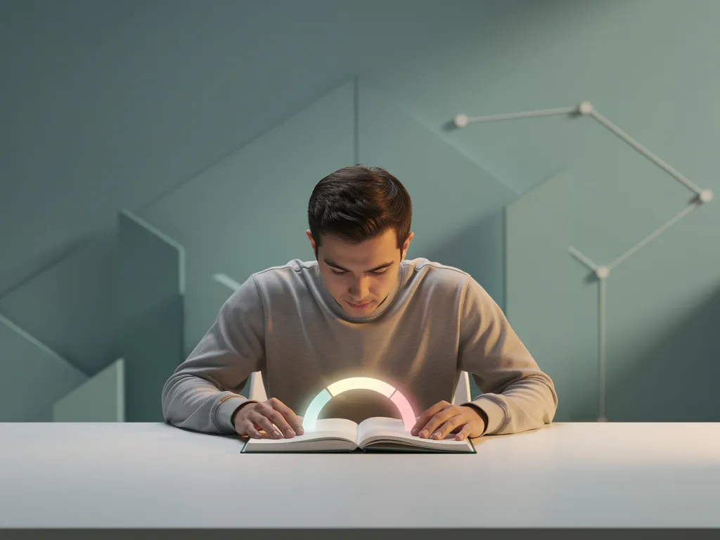 Student leunt over open notitieboek met gloeiende voortgangsboog, omgeven door minimalistische geometrische vormen in teal en amber tinten.