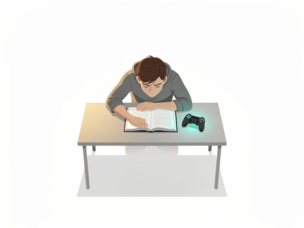 Student hangt slaperig over een open leerboek aan een bureau, met een gloeiende gamecontroller ernaast, in minimalistische amberkleurige compositie.