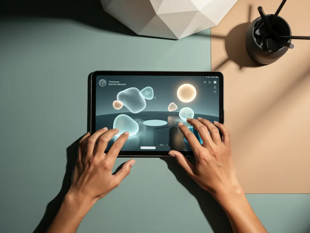 Student gebruikt tablet met digitale trainingssimulatie op minimalistisch bureau met zachte geometrische schaduwen.