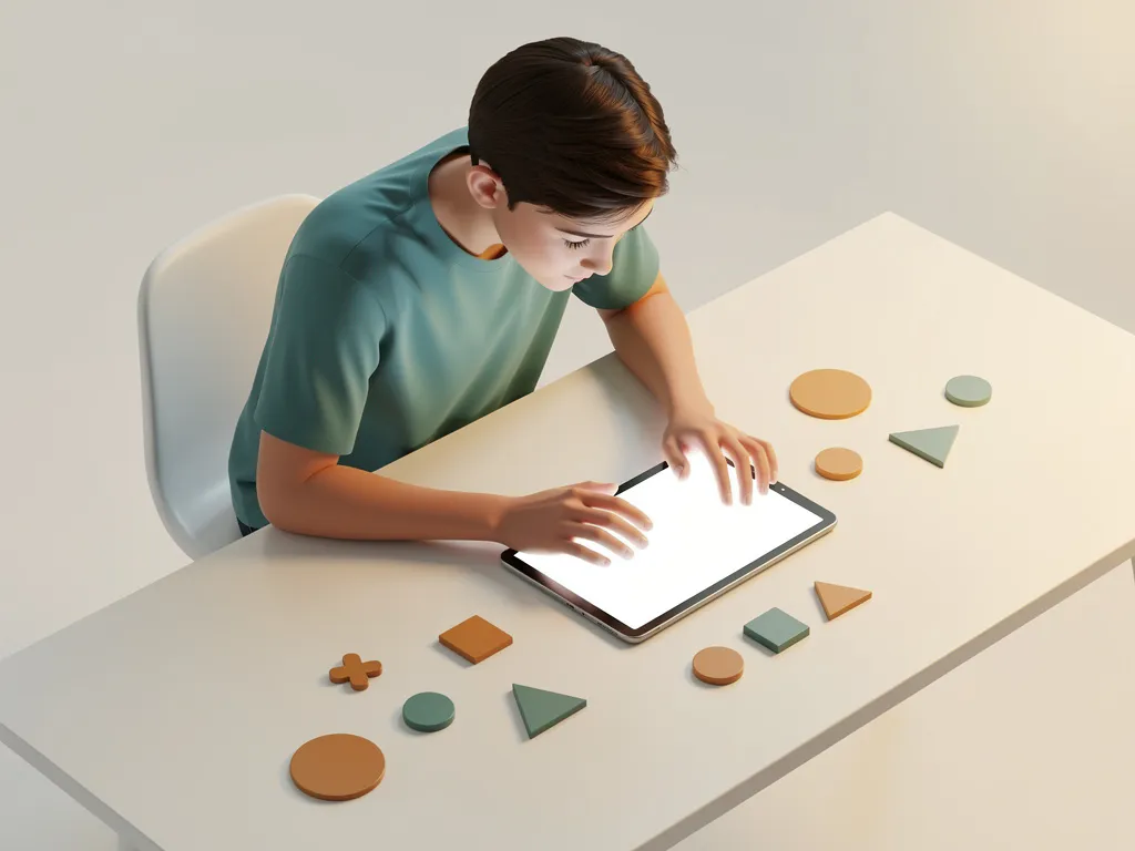 Student buigt zich geconcentreerd over verlichte tablet op wit bureau, omringd door geometrische puzzelstukken in minimalistische compositie.