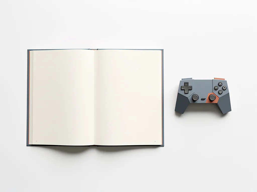 Open leerboek en geometrische gamecontroller op wit bureau, bovenaanzicht in leisteenblauw en terracotta tinten.