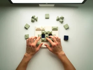 Studentenhanden die geometrische oefenblokken rangschikken op een wit bureau, zacht digitaal scherm gloed, minimalistische bovenaanzicht compositie.