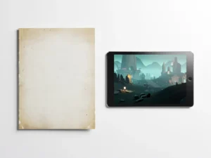 Versleten papieren trainingshandleiding naast een tablet met 3D-spelomgeving op wit bureau, traditioneel versus digitaal leren.