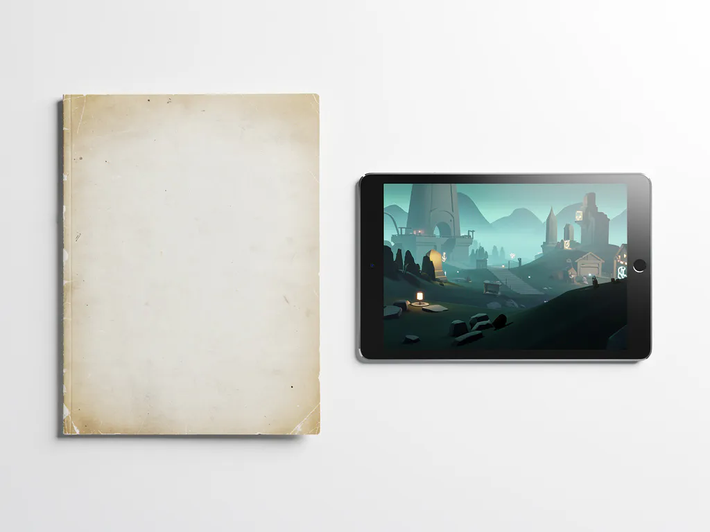 Versleten papieren trainingshandleiding naast een tablet met 3D-spelomgeving op wit bureau, traditioneel versus digitaal leren.