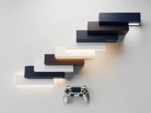 Geometrische trapvormige voortgangsgrafiek met gloeiende blokken en een gamecontroller op een wit werkblad.