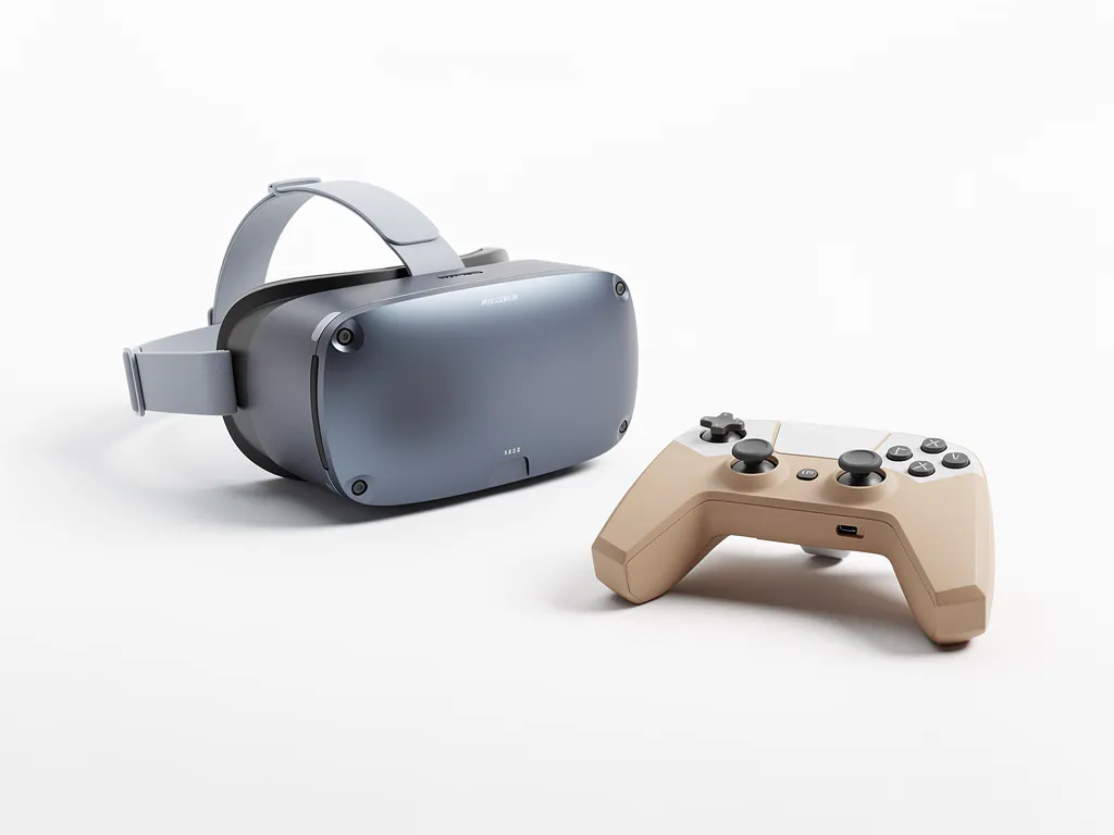 VR-headset en geometrische gamecontroller op wit oppervlak in leisteenblauw en zandtinten, minimalistische studiobelichting.