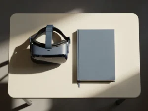 VR-headset en gesloten tekstboek op een leeg schoolbureau, gefotografeerd van bovenaf in zacht studiolicht.