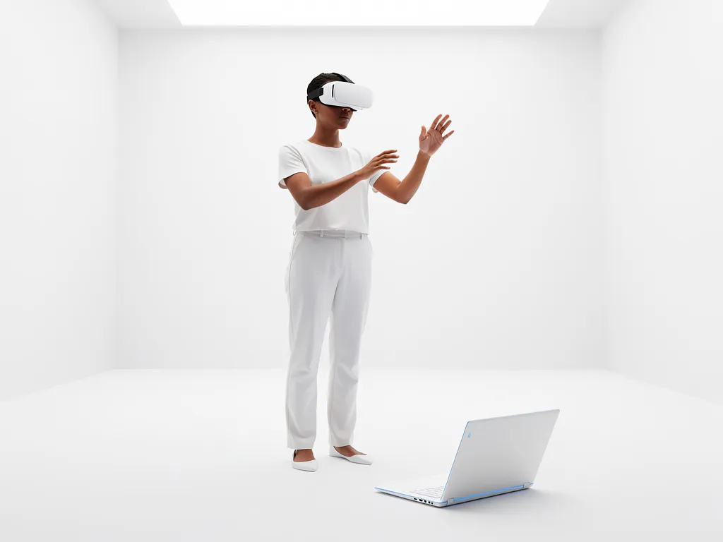 Persoon met VR-headset in witte kamer, hand omhoog in interactie met virtuele ruimte, laptop op de vloer.