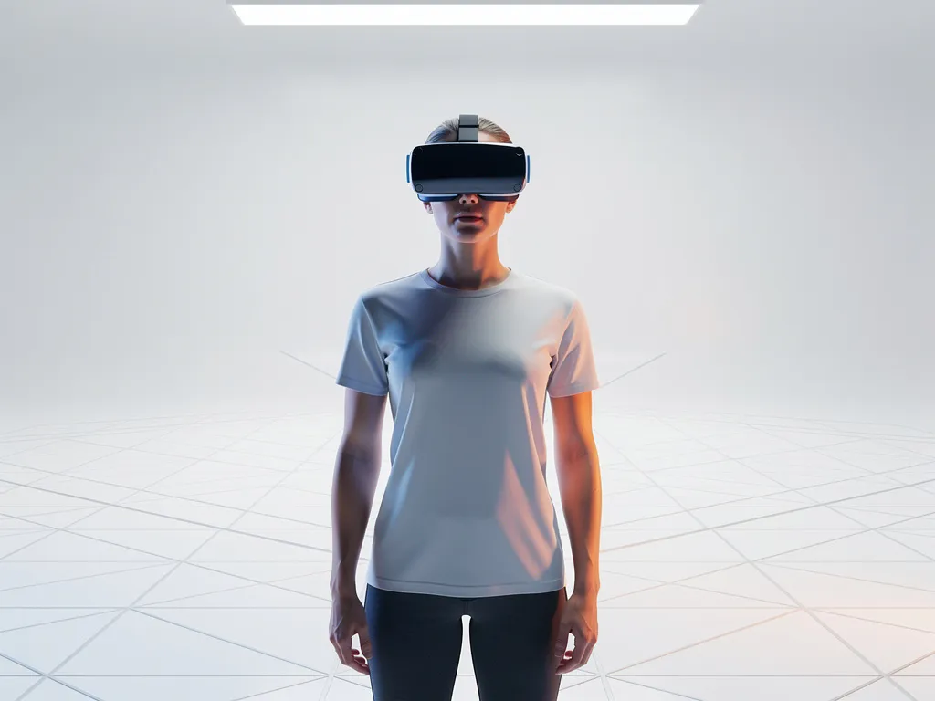 Persoon met VR-headset in minimalistische witte trainingsomgeving met geometrische rasterlijnen op de vloer.