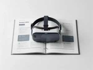 VR-headset op een open trainingsmap met gestructureerde leermodules, gefotografeerd van bovenaf op een wit bureau.