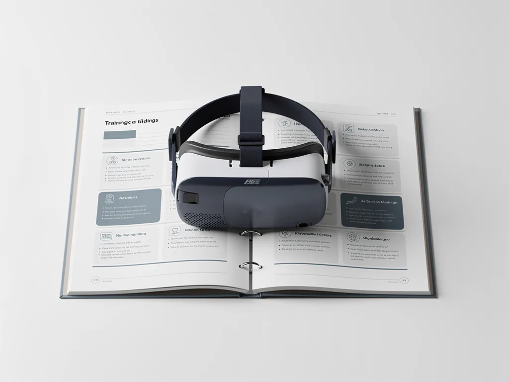 VR-headset op een open trainingsmap met gestructureerde leermodules, gefotografeerd van bovenaf op een wit bureau.