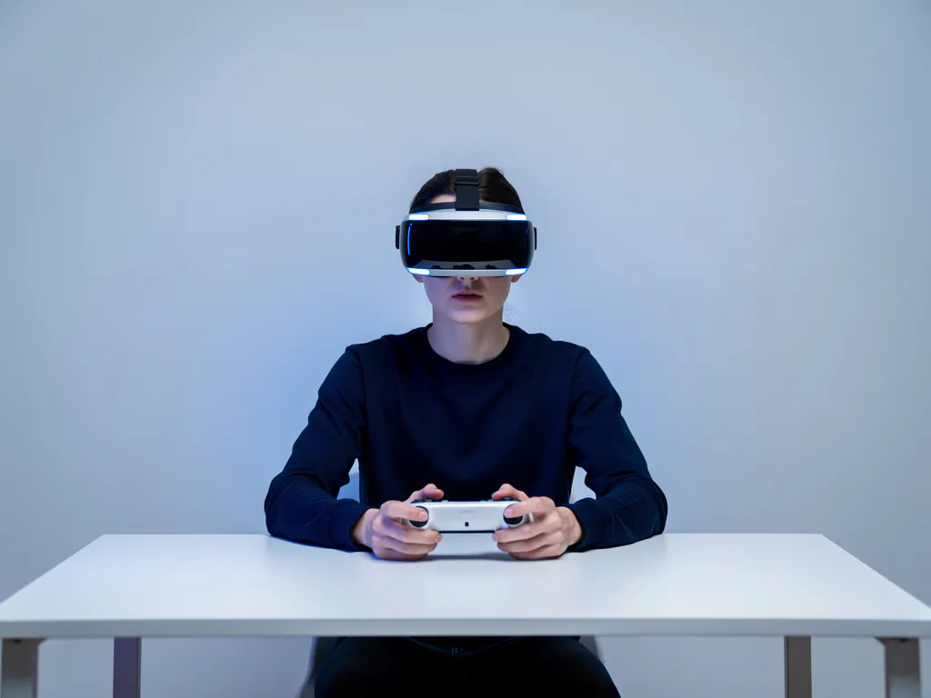 Persoon met VR-headset aan minimalistisch wit bureau, verdiept in digitale trainingsomgeving met blauw ambient licht.