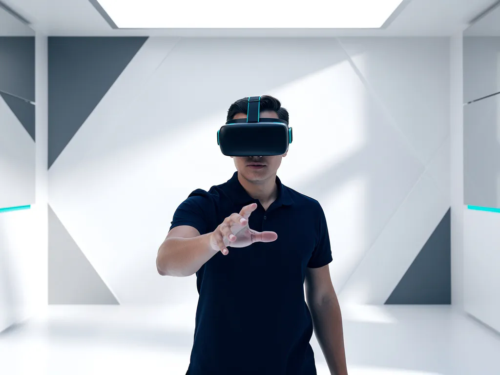 Werknemer met VR-headset in moderne trainingsruimte, hand uitgestrekt in virtuele omgeving, strak wit interieur met teal accenten.