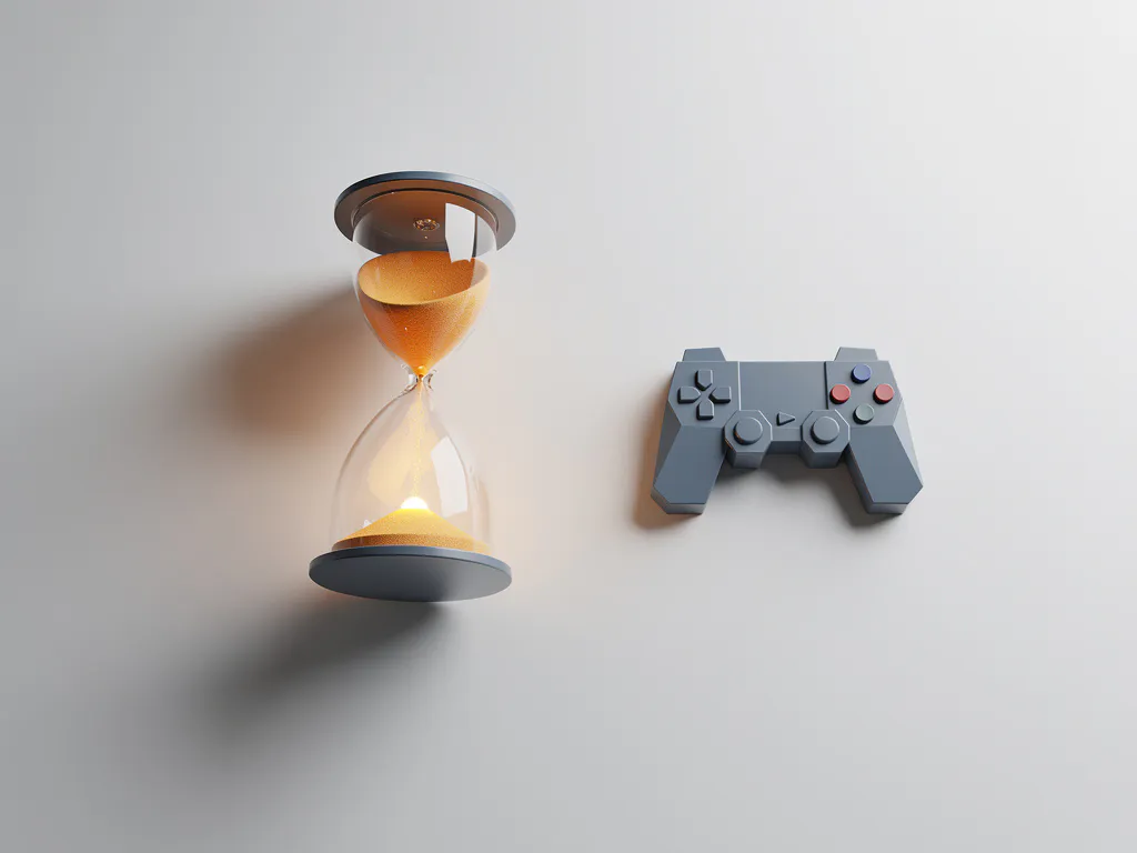 Gloeiend amber zandloper op wit bureau naast geometrisch game-controller object, bovenaanzicht met warme amber en leisteen blauwtinten.