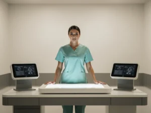 Zorgprofessional in scrubs bij een moderne simulatiestation in een klinische omgeving met zachte teal en grijstinten.