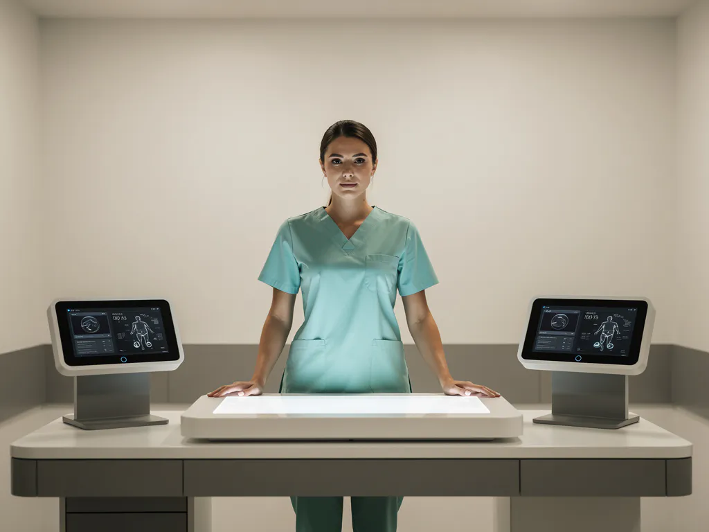 Zorgprofessional in scrubs bij een moderne simulatiestation in een klinische omgeving met zachte teal en grijstinten.
