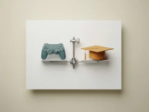 Precisieweegschaal in balans met gamecontroller en afstudeerhoed, minimalistische vlakke lay-out in teal en amber tinten.