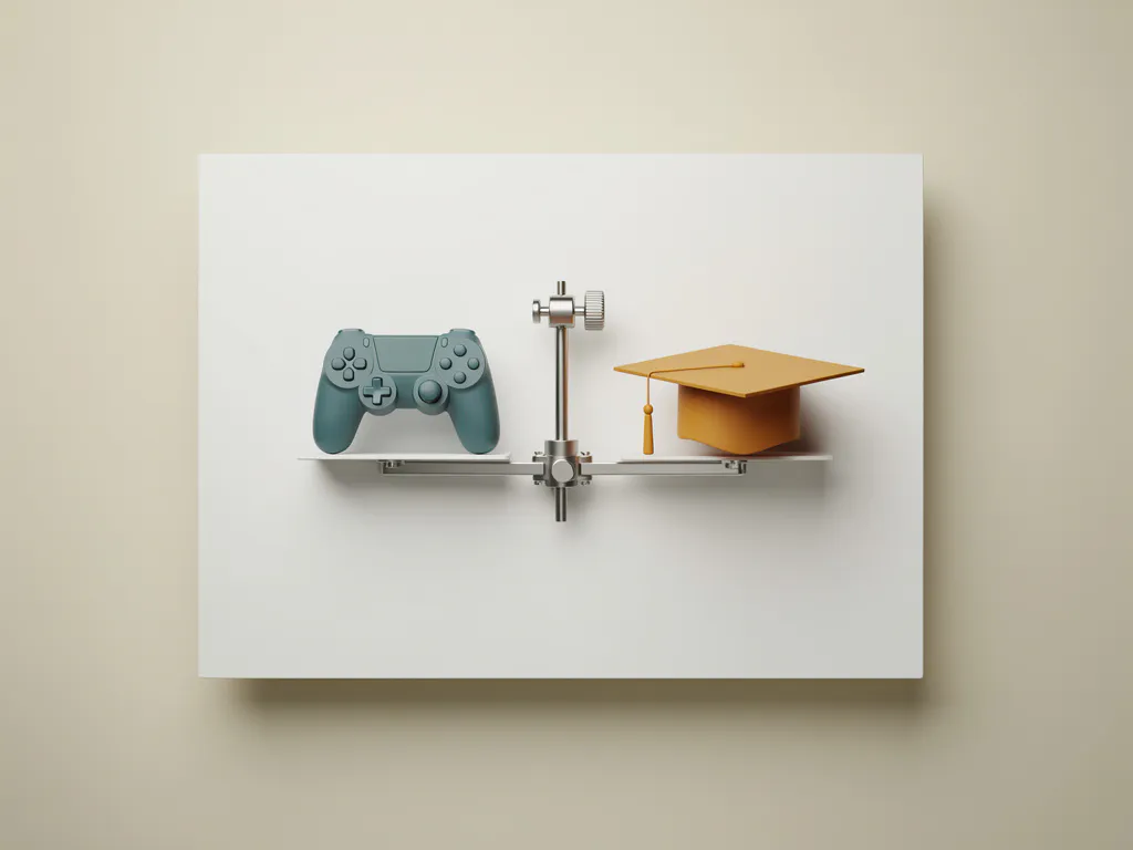 Precisieweegschaal in balans met gamecontroller en afstudeerhoed, minimalistische vlakke lay-out in teal en amber tinten.