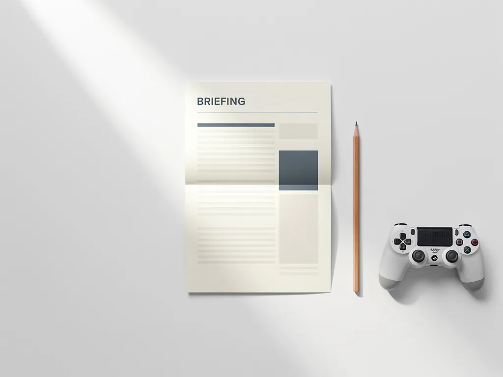 Opengeslagen briefingdocument op wit bureau met scherp potlood en kleine gamecontroller, zachte geometrische schaduwen, minimalistisch bovenaanzicht.