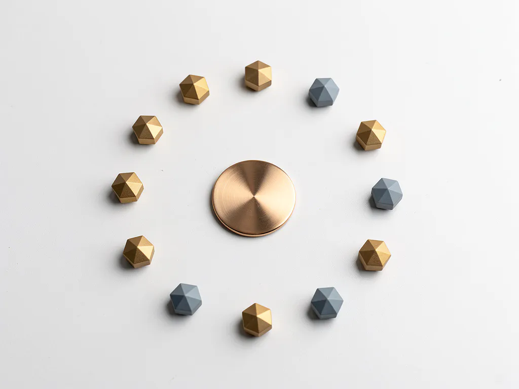 Bronzen badge op wit bureau omringd door geometrische belonings­tokens in goud en leisteen­blauw, strak bovenaanzicht.