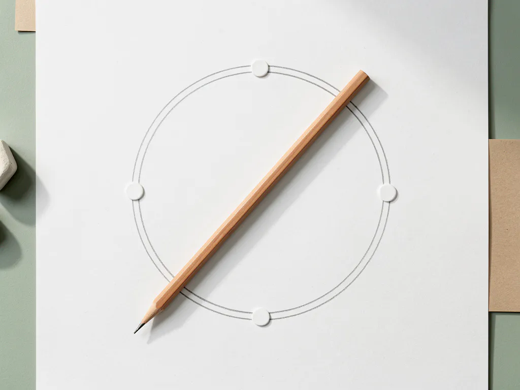 Potlood liggend over een met de hand getekende cirkel, verdeeld in vier gelijke bogen, op wit papier in bovenaanzicht.