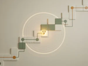Gloeiend amber checkpointmarker op minimalistisch spelpad, geometrische vormen op crèmekleurig oppervlak met saliegroen accent.