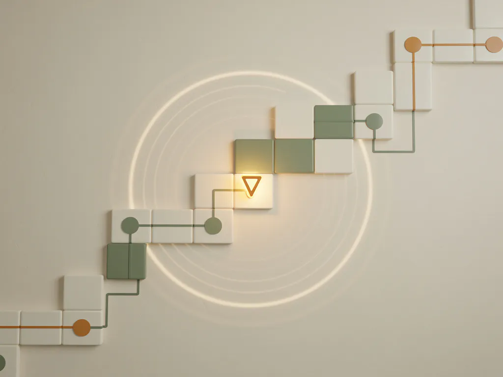 Gloeiend amber checkpointmarker op minimalistisch spelpad, geometrische vormen op crèmekleurig oppervlak met saliegroen accent.