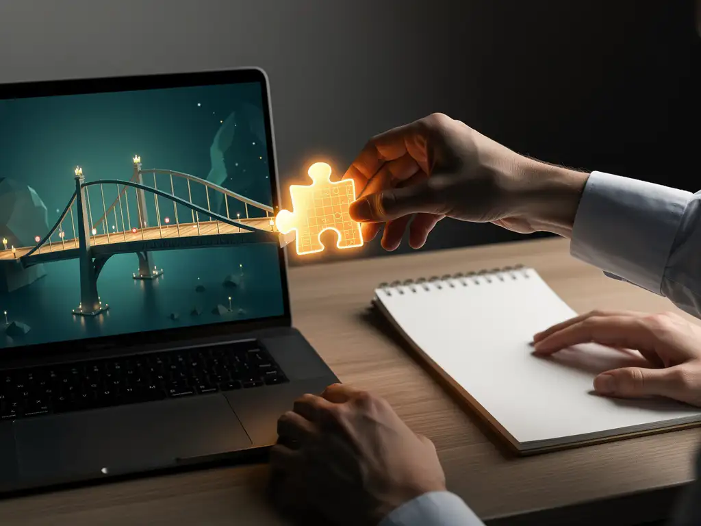 Professionele hand plaatst gloeiend digitaal puzzelstuk op houten bureau, verbindt laptop met notitieboek in teal en amber tinten.