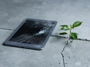 Verouderde e-learningmodule op grijs tablet op betonnen bureau, met een fris groen plantje dat door een scheur in het beton groeit.
