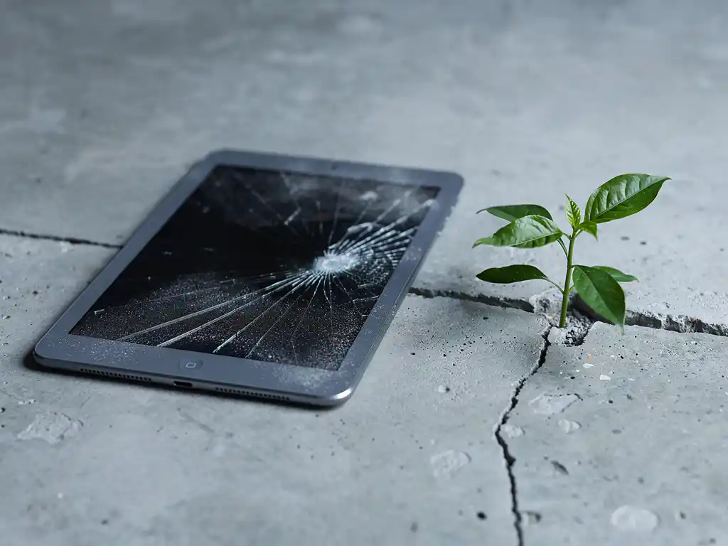 Verouderde e-learningmodule op grijs tablet op betonnen bureau, met een fris groen plantje dat door een scheur in het beton groeit.