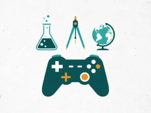 Gamecontroller silhouet dat overvloeit in schooliconen: kolf, passer en globe, in teal en amber op witte achtergrond.