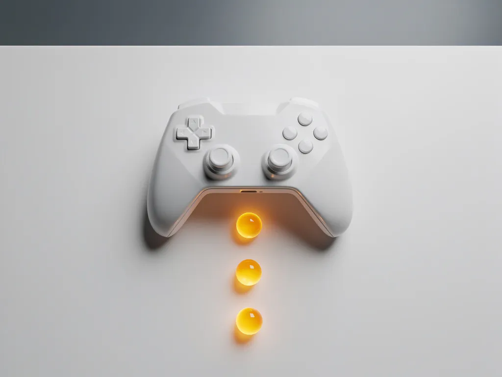 Wit keramisch gamecontroller op minimalistische ondergrond, omringd door drie gloeiende amber bollen in een voorwaartse boog.