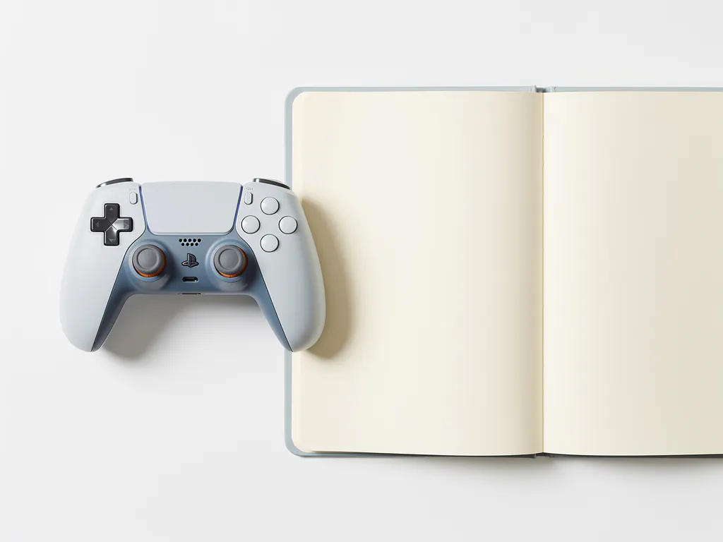 Gamecontroller en opengeslagen studieboek naast elkaar op wit oppervlak, strak bovenaanzicht in leisteenblauw en ivoorwit.