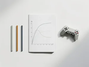 Bovenaanzicht van wit bureau met open notitieboek met gedragscurve grafiek, gamecontroller en drie kleurgecodeerde meetmarkers in salie, amber en leisteen.