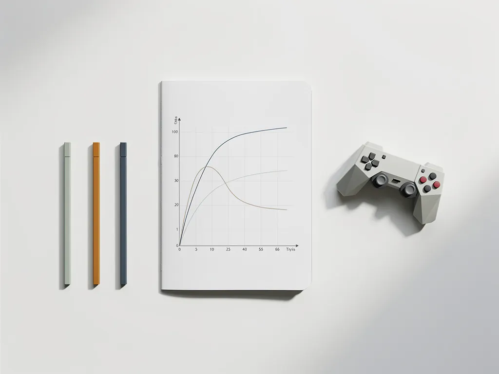 Bovenaanzicht van wit bureau met open notitieboek met gedragscurve grafiek, gamecontroller en drie kleurgecodeerde meetmarkers in salie, amber en leisteen.