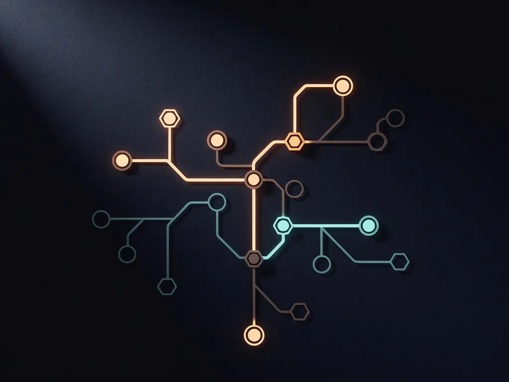 Gloeiend vertakt padkaart op donker oppervlak met verlichte knooppunten in marineblauw, amber en teal tinten.