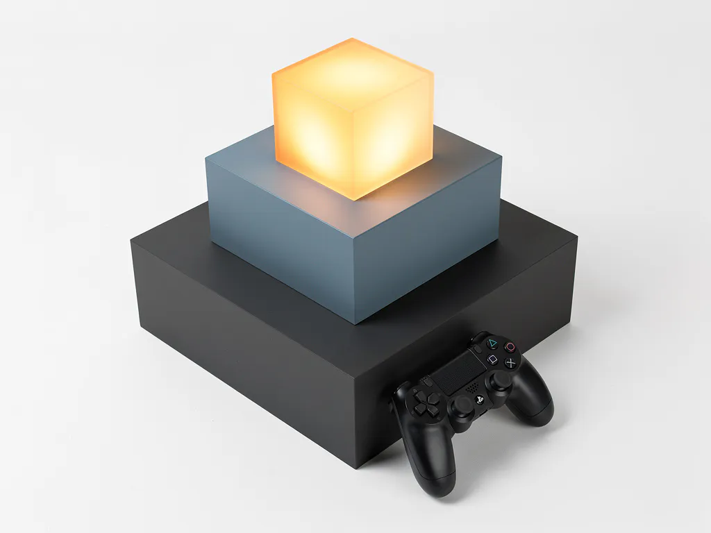 Gestapelde geometrische blokken in amber, leisteenblauw en antraciet met een gamecontroller ertegenaan, gefotografeerd vanuit driekwartperspectief.