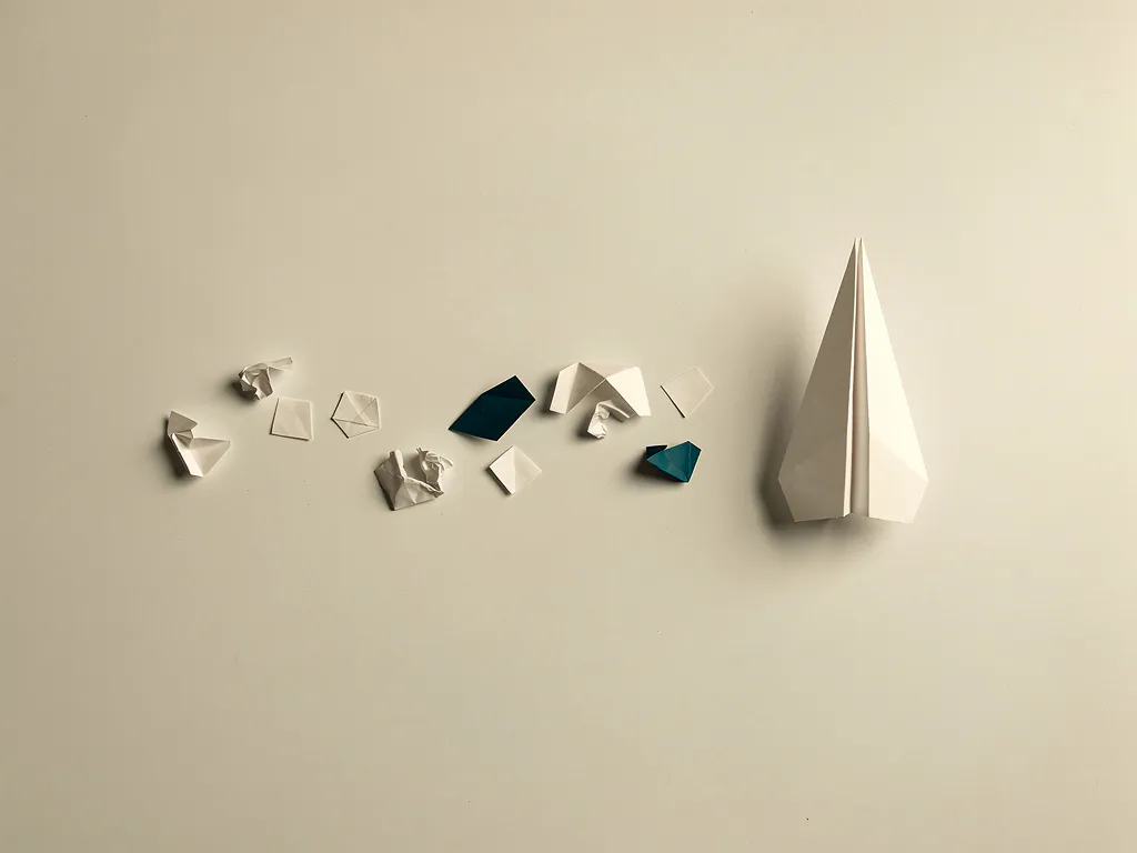 Verfrommeld papieren vliegtuigje op wit bureau naast een perfect gevouwen exemplaar, omringd door geometrische papiersnippers.