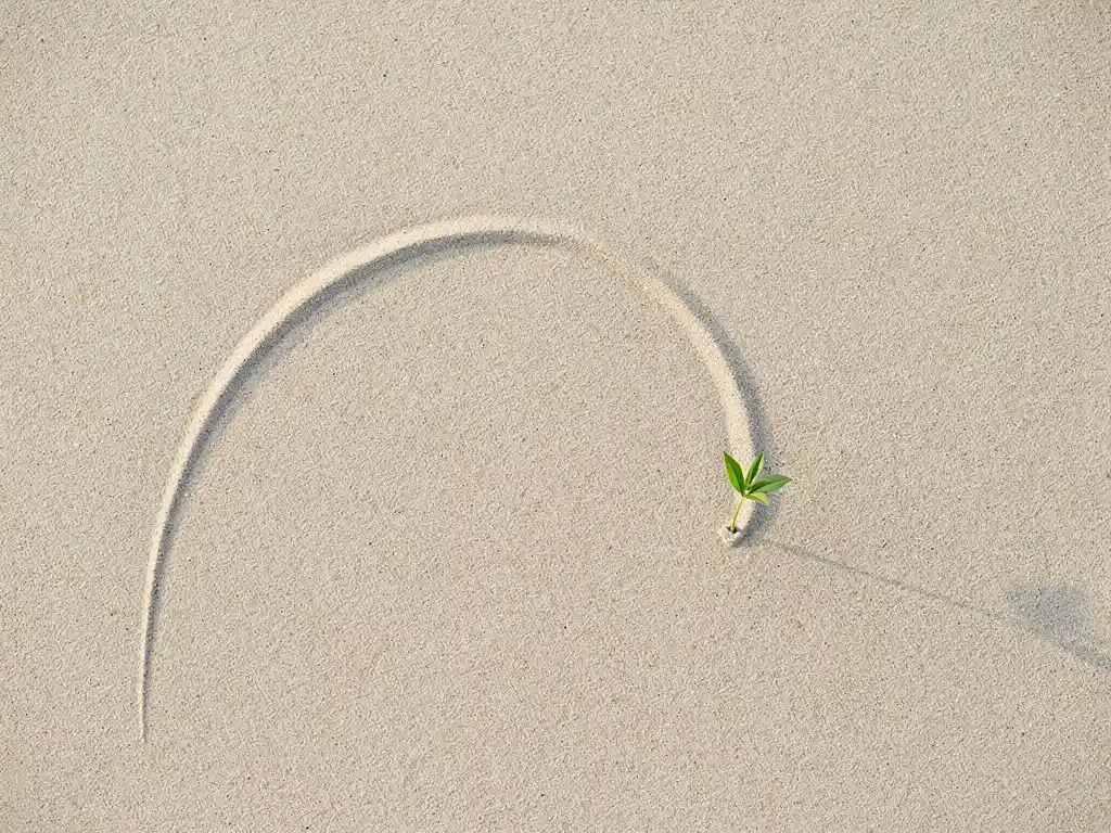 Neerwaartse curve in zand met klein groen plantje op het laagste punt, symboliseert herstel en groei, minimalistisch bovenaanzicht.