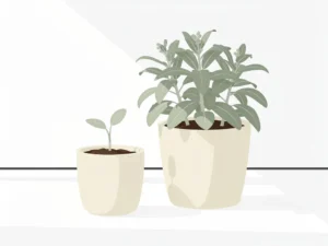 Kleine zaailing in pot naast volwassen plant op wit oppervlak, minimalistische compositie in saliegroen en ivoor tinten.