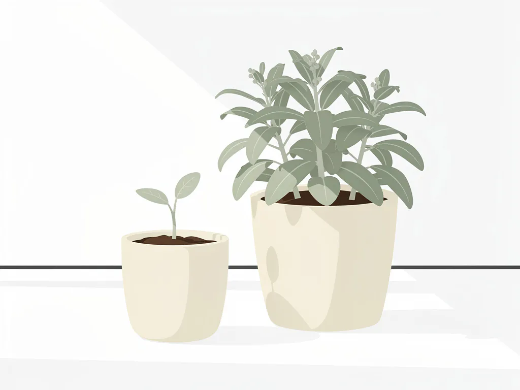 Kleine zaailing in pot naast volwassen plant op wit oppervlak, minimalistische compositie in saliegroen en ivoor tinten.