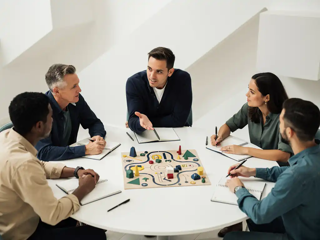 Kleine groep mensen in gesprek rond een ronde tafel met een educatief bordspel, notebooks open, in een minimalistisch wit interieur.