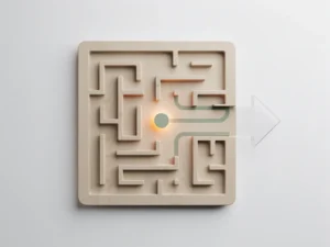 Houten doolhofpuzzel op wit bureau met gloeiend speeltoken langs het juiste pad geleid door een geometrische pijl.